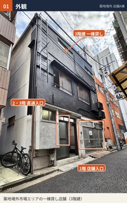 【築地駅徒歩6分・一棟貸し】築地場外市場エリアの路地に面した、木造3階建て1階スケルトン＋2・3階内装済｜飲食可外観